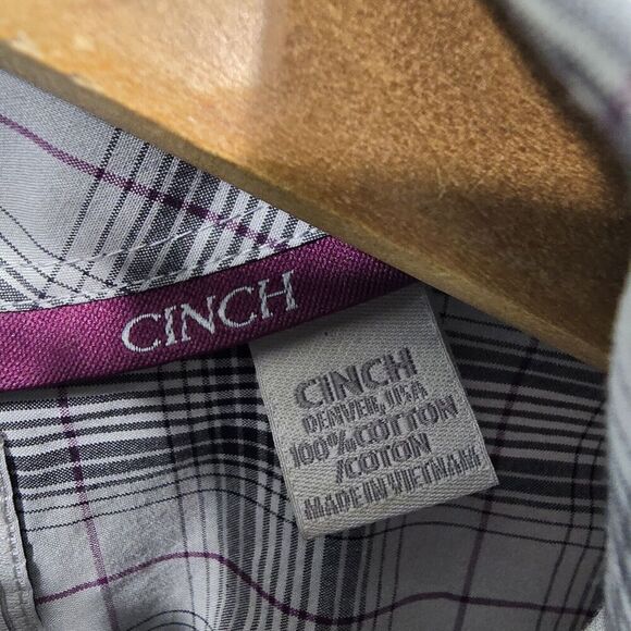 Cinch Shirt Mens Small Gray Button Down Plaid Long Sleeve Purple Black - Picture 8 of 12